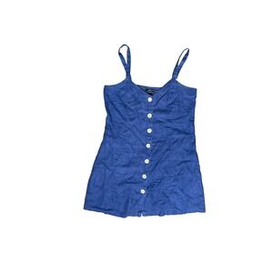 ZARA Woman Blue 100% Linen Button Front Mini Dress Strappy Sleeveless Size M